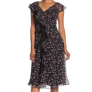 Sam Edelman Black Floral V-Neck Ruffled Midi Dress Size 4